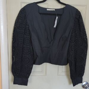 NWT Abercrombie Fitch XL Scalloped Deep V-neck Cutwork black High Fashion Top